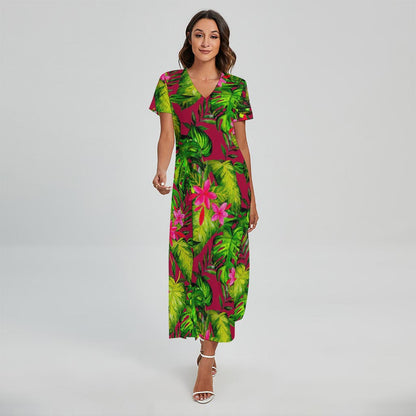 Pink Hawaiian Tropical Pattern Print Short Sleeve Maxi Dress