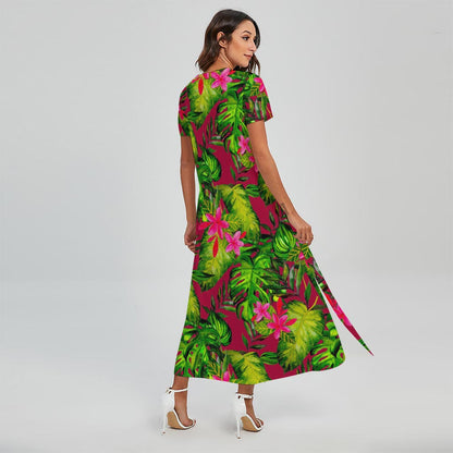 Pink Hawaiian Tropical Pattern Print Short Sleeve Maxi Dress