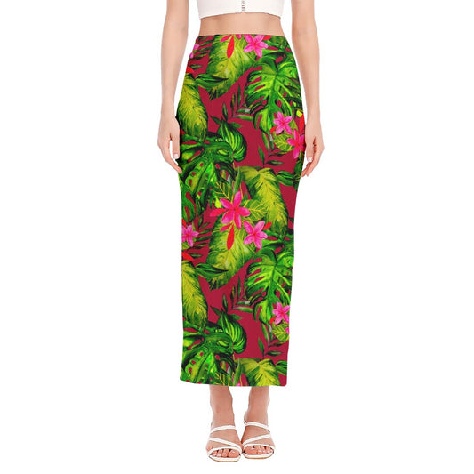 Pink Hawaiian Tropical Pattern Print Side Slit Maxi Skirt