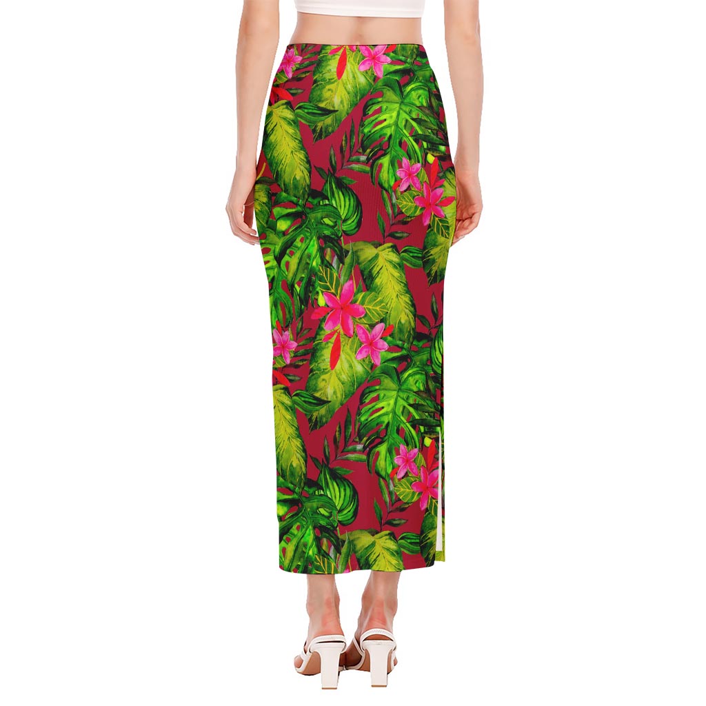Pink Hawaiian Tropical Pattern Print Side Slit Maxi Skirt