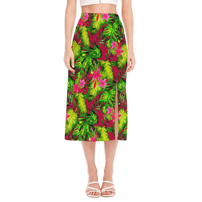 Pink Hawaiian Tropical Pattern Print Side Slit Midi Skirt