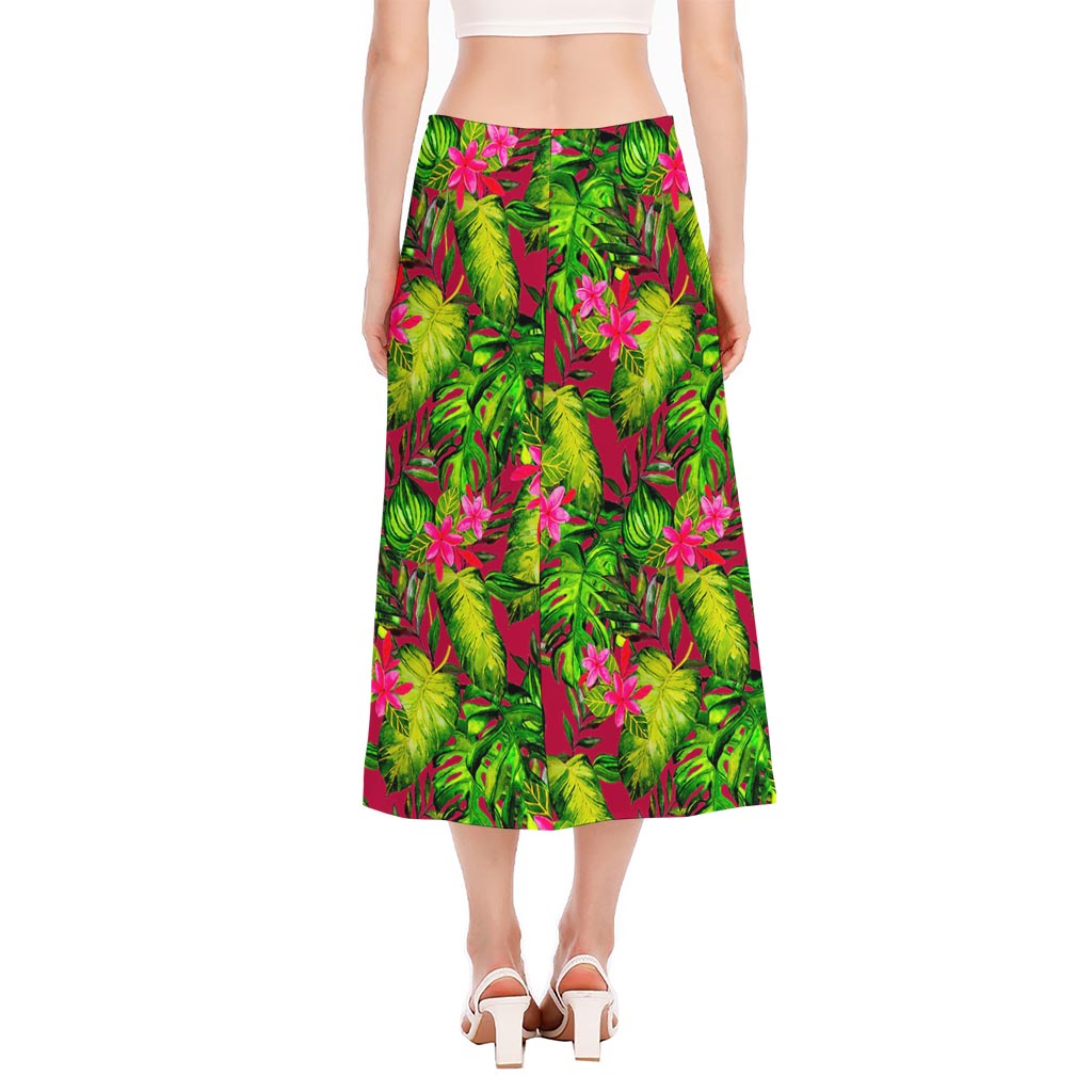 Pink Hawaiian Tropical Pattern Print Side Slit Midi Skirt