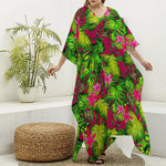 Pink Hawaiian Tropical Pattern Print Silk V-Neck Kaftan Dress