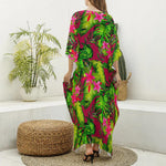 Pink Hawaiian Tropical Pattern Print Silk V-Neck Kaftan Dress