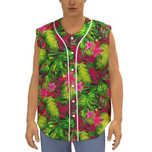 Pink Hawaiian Tropical Pattern Print Sleeveless Baseball Jersey