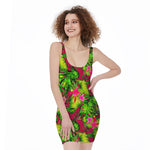 Pink Hawaiian Tropical Pattern Print Sleeveless Bodycon Dress
