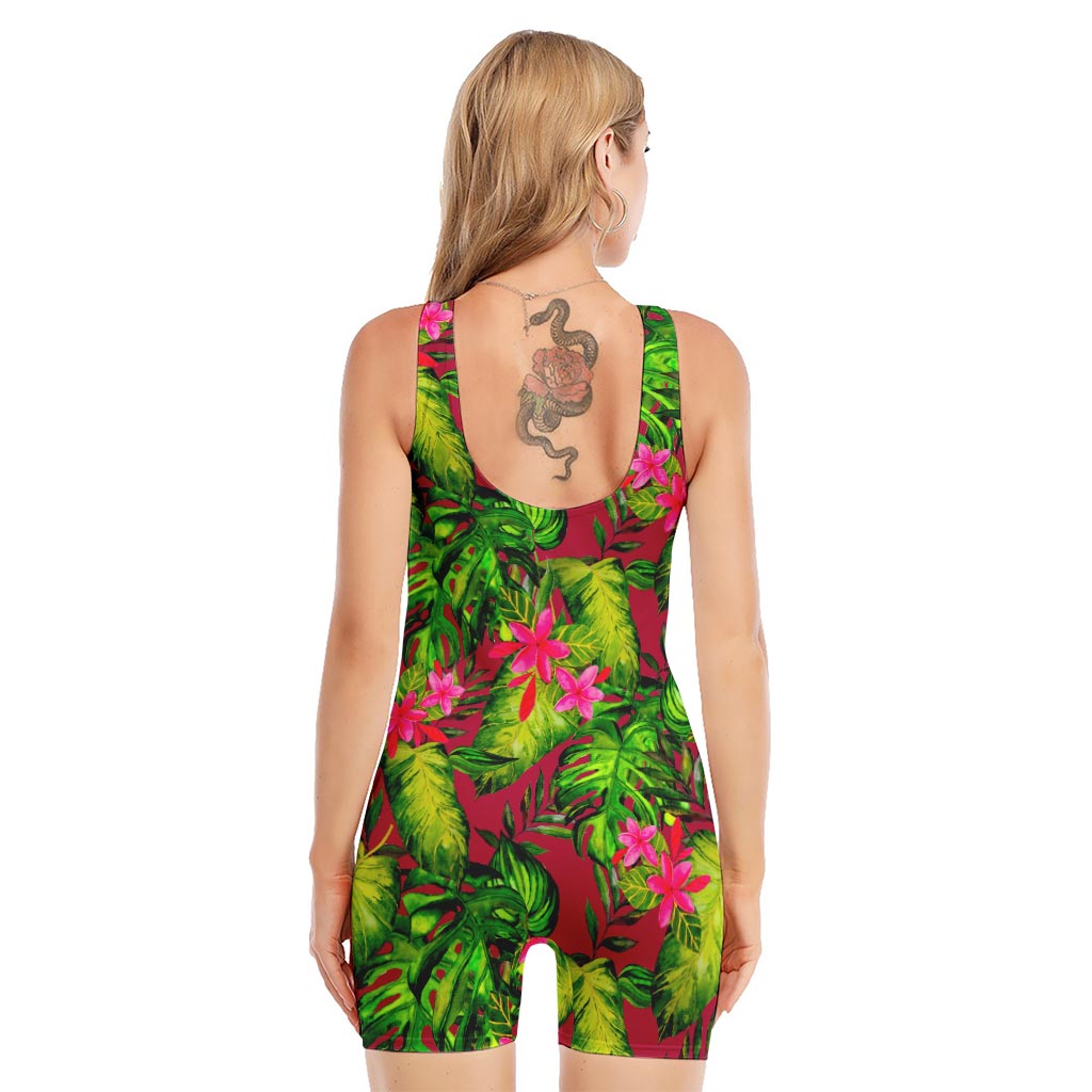 Pink Hawaiian Tropical Pattern Print Sleeveless One Piece Swimsuit