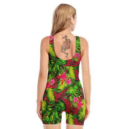 Pink Hawaiian Tropical Pattern Print Sleeveless One Piece Swimsuit