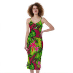 Pink Hawaiian Tropical Pattern Print Slim Fit Midi Cami Dress