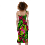 Pink Hawaiian Tropical Pattern Print Slim Fit Midi Cami Dress