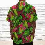 Pink Hawaiian Tropical Pattern Print Textured Short Sleeve Shirt