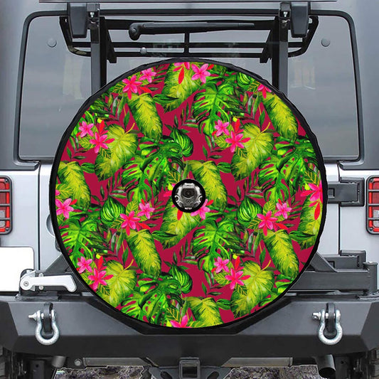 Pink Hawaiian Tropical Pattern Print Tire Cover With Camera Hole