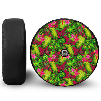 Pink Hawaiian Tropical Pattern Print Tire Cover With Camera Hole