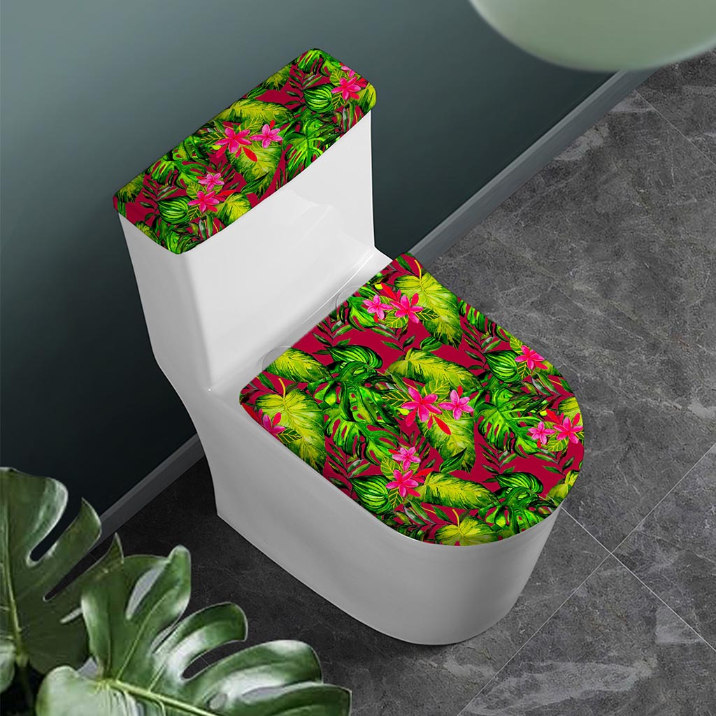 Pink Hawaiian Tropical Pattern Print Toilet Lid And Tank Cover Set