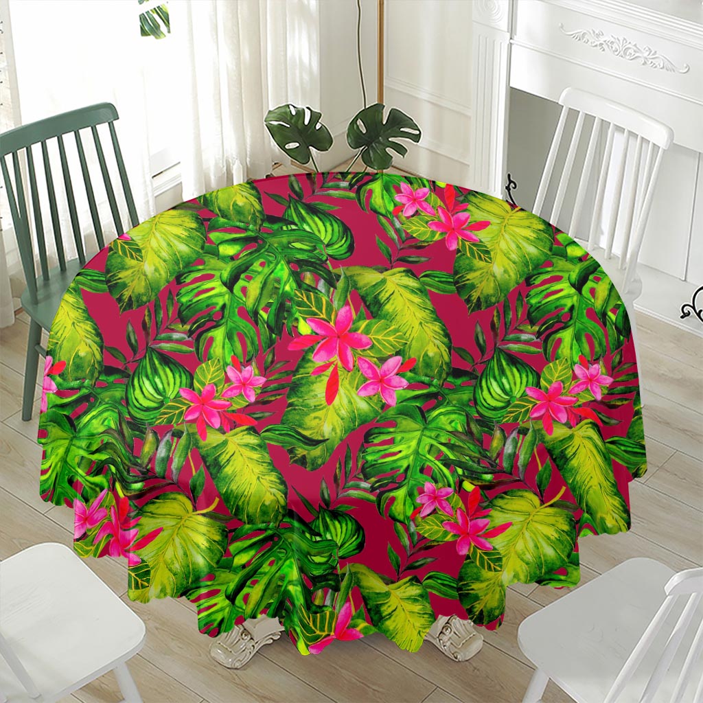 Pink Hawaiian Tropical Pattern Print Waterproof Round Tablecloth
