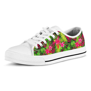 Pink Hawaiian Tropical Pattern Print White Low Top Sneakers