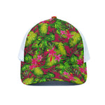 Pink Hawaiian Tropical Pattern Print White Mesh Trucker Cap