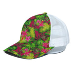 Pink Hawaiian Tropical Pattern Print White Mesh Trucker Cap