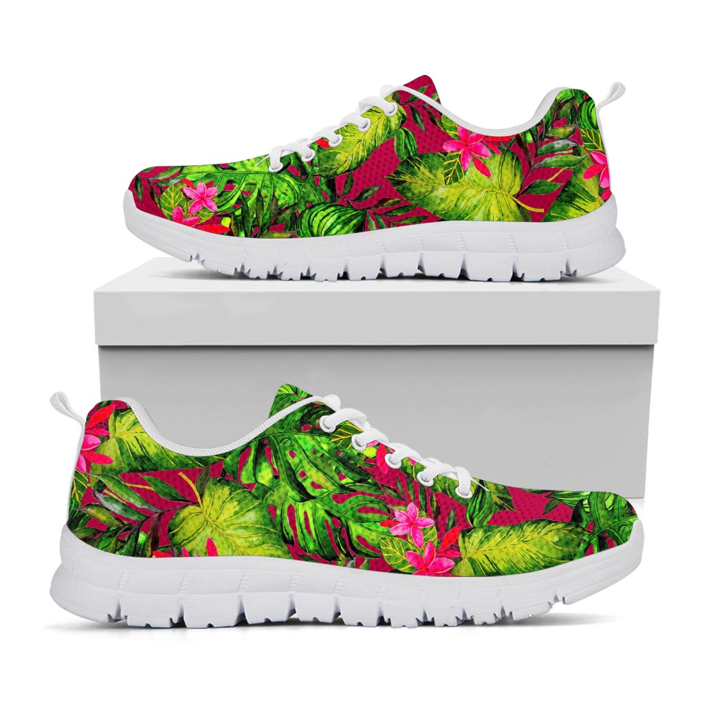 Pink Hawaiian Tropical Pattern Print White Running Shoes