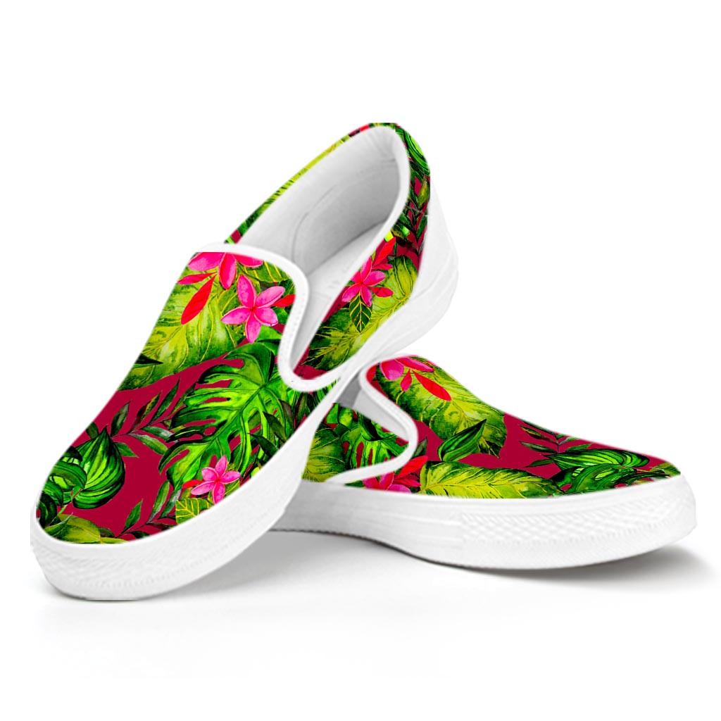 Pink Hawaiian Tropical Pattern Print White Slip On Sneakers