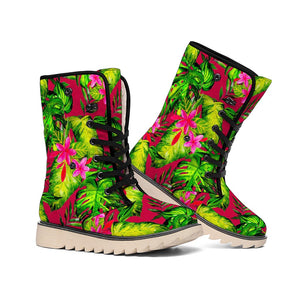 Pink Hawaiian Tropical Pattern Print Winter Boots