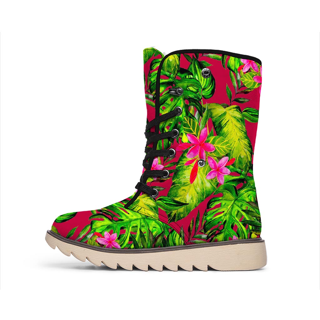 Pink Hawaiian Tropical Pattern Print Winter Boots