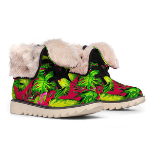 Pink Hawaiian Tropical Pattern Print Winter Boots