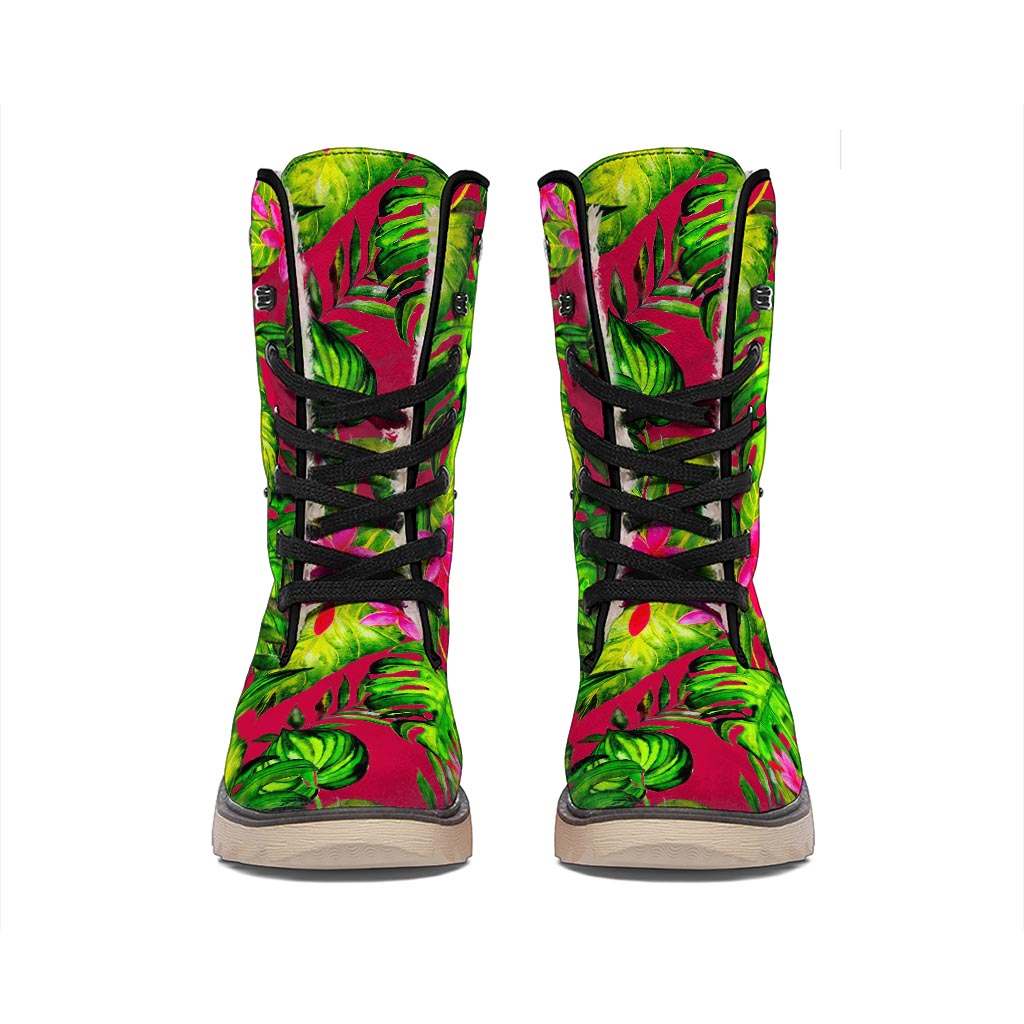 Pink Hawaiian Tropical Pattern Print Winter Boots