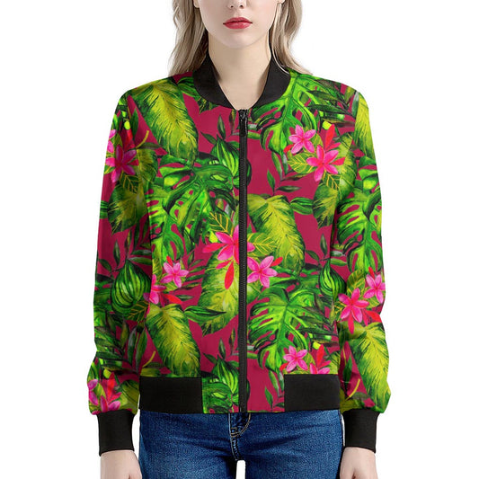 Pink Hawaiian Tropical Pattern Print Women's Bomber Jacket