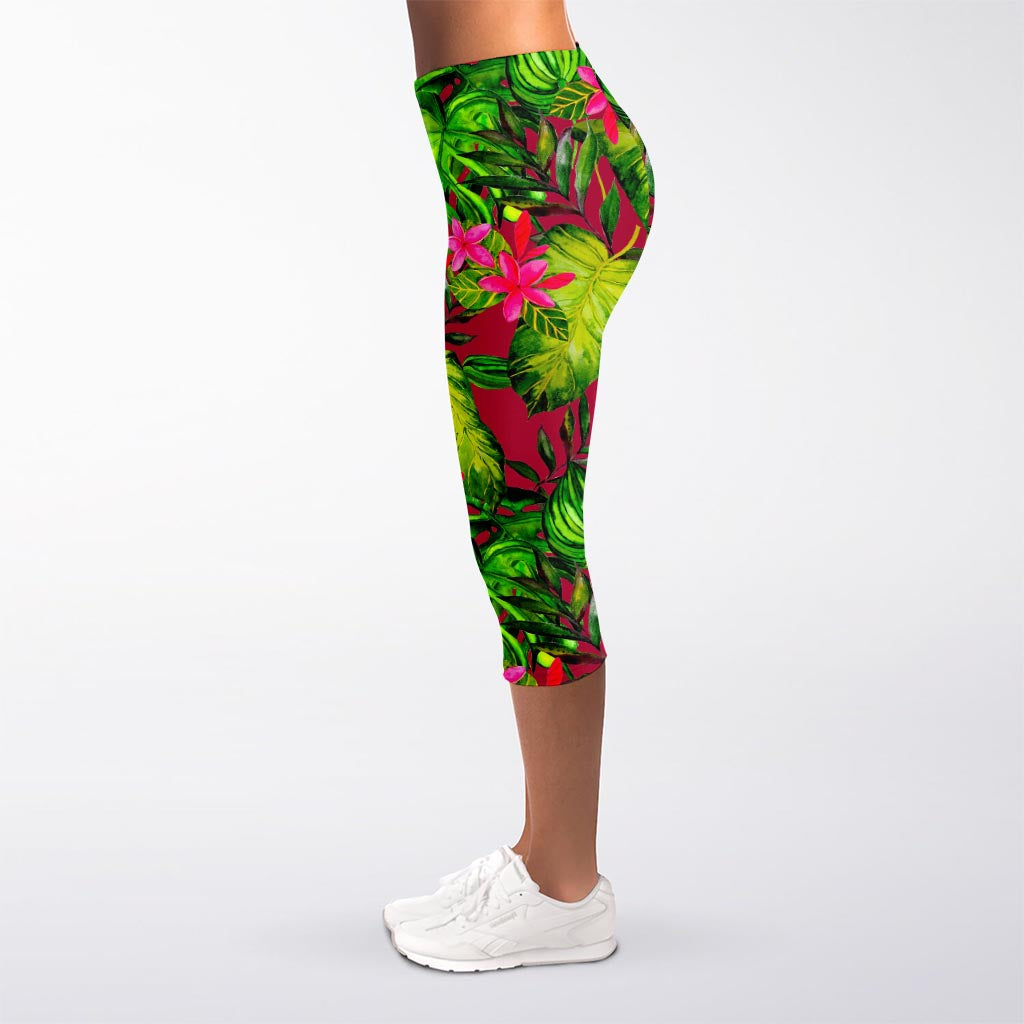 Pink Hawaiian Tropical Pattern Print Women's Capri Leggings