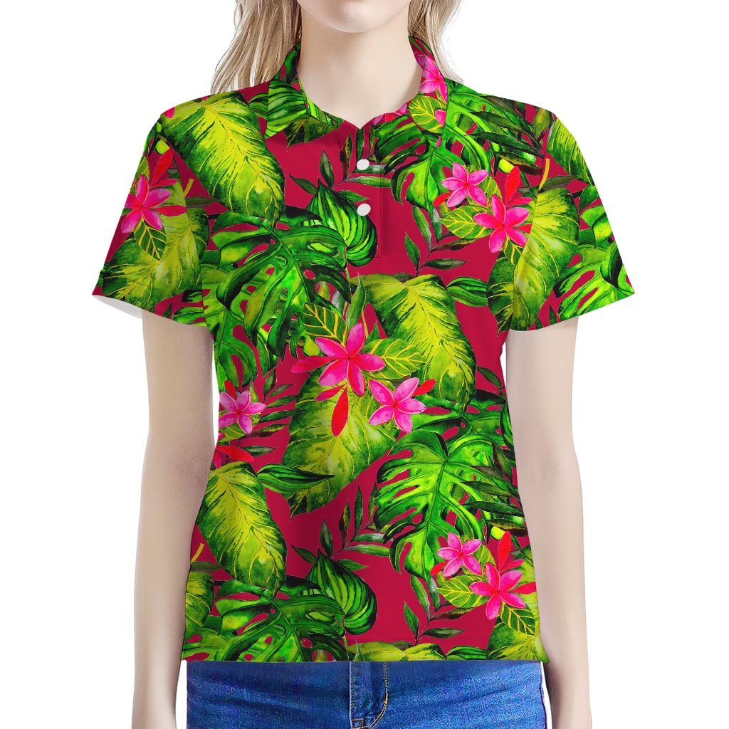 Pink Hawaiian Tropical Pattern Print Women's Polo Shirt