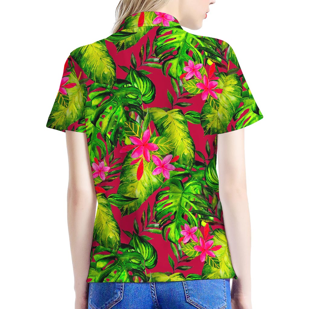Pink Hawaiian Tropical Pattern Print Women's Polo Shirt