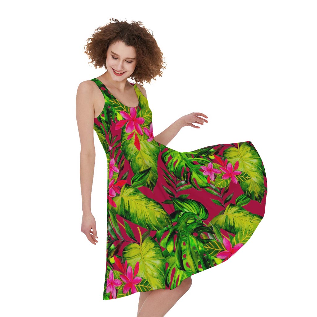 Pink Hawaiian Tropical Pattern Print Women's Sleeveless Dress
