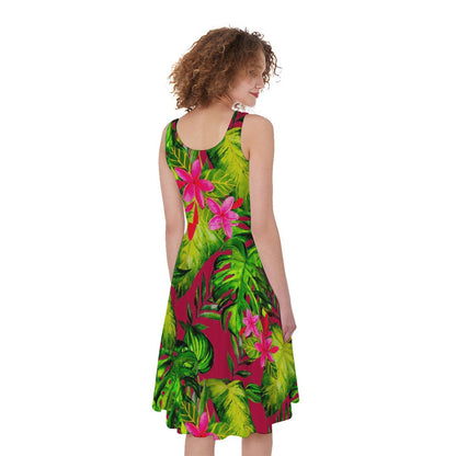 Pink Hawaiian Tropical Pattern Print Women's Sleeveless Dress