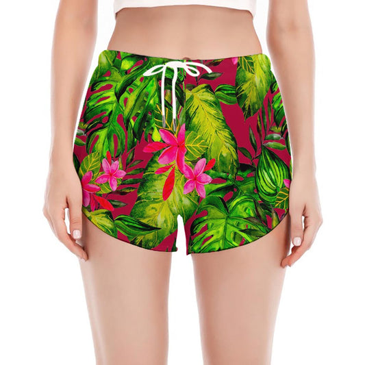 Pink Hawaiian Tropical Pattern Print Women's Split Running Shorts