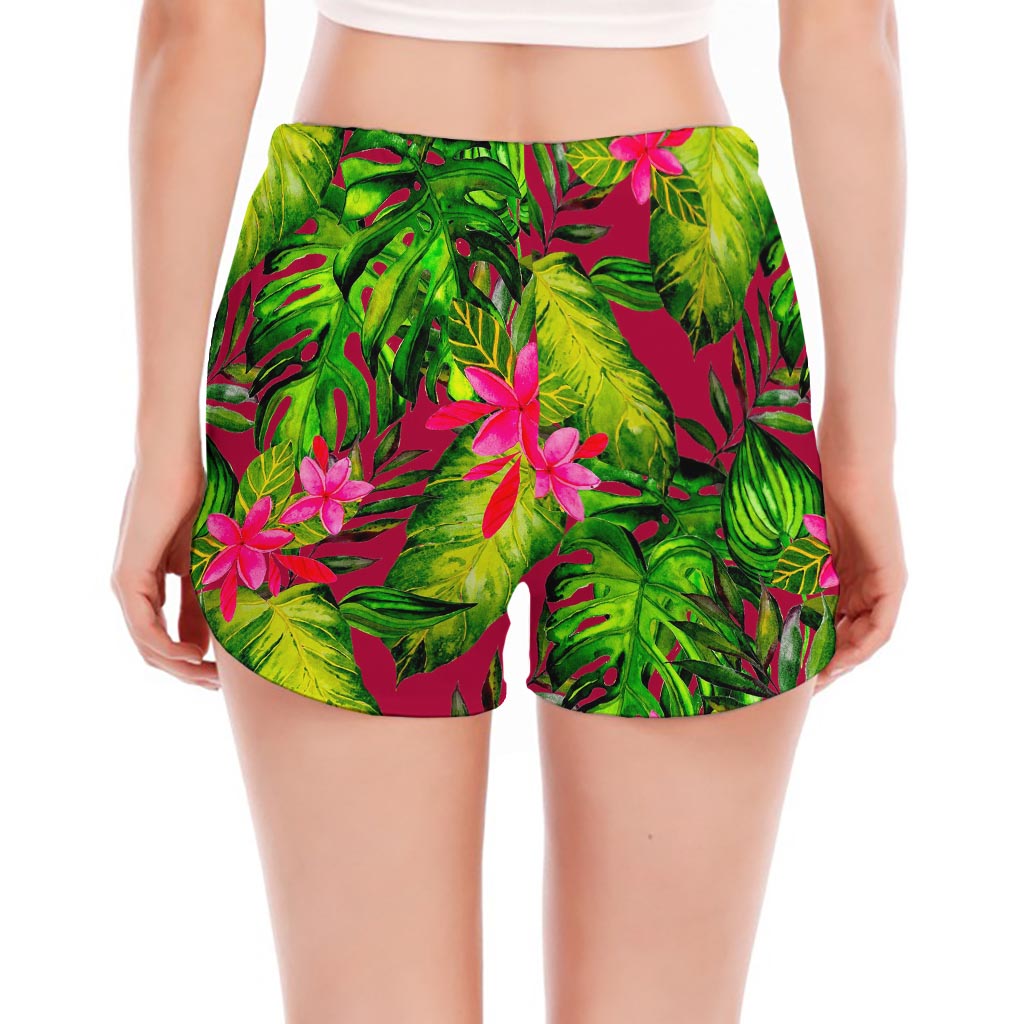 Pink Hawaiian Tropical Pattern Print Women's Split Running Shorts