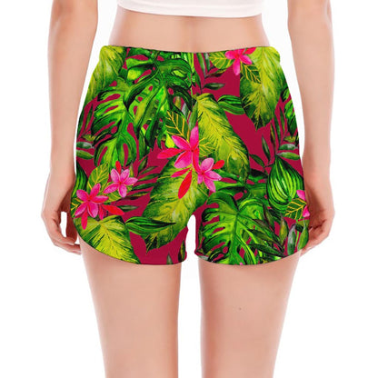 Pink Hawaiian Tropical Pattern Print Women's Split Running Shorts