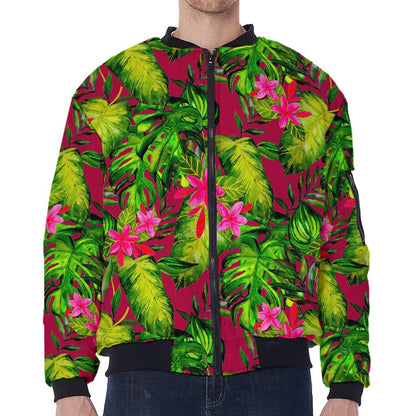 Pink Hawaiian Tropical Pattern Print Zip Sleeve Bomber Jacket