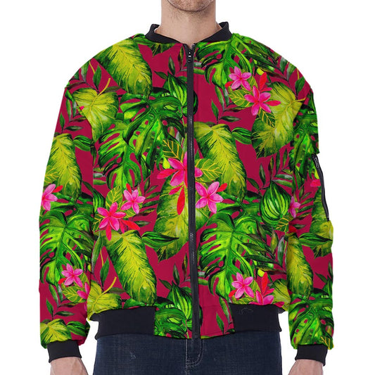 Pink Hawaiian Tropical Pattern Print Zip Sleeve Bomber Jacket