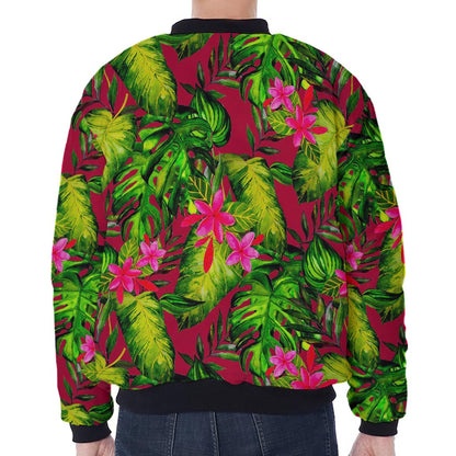 Pink Hawaiian Tropical Pattern Print Zip Sleeve Bomber Jacket