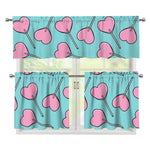 Pink Heart Lollipop Pattern Print 3 Piece Kitchen Curtains