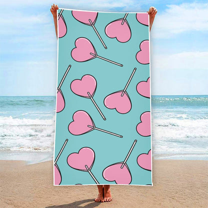 Pink Heart Lollipop Pattern Print Beach Towel