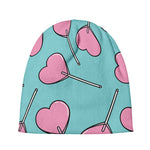 Pink Heart Lollipop Pattern Print Beanie