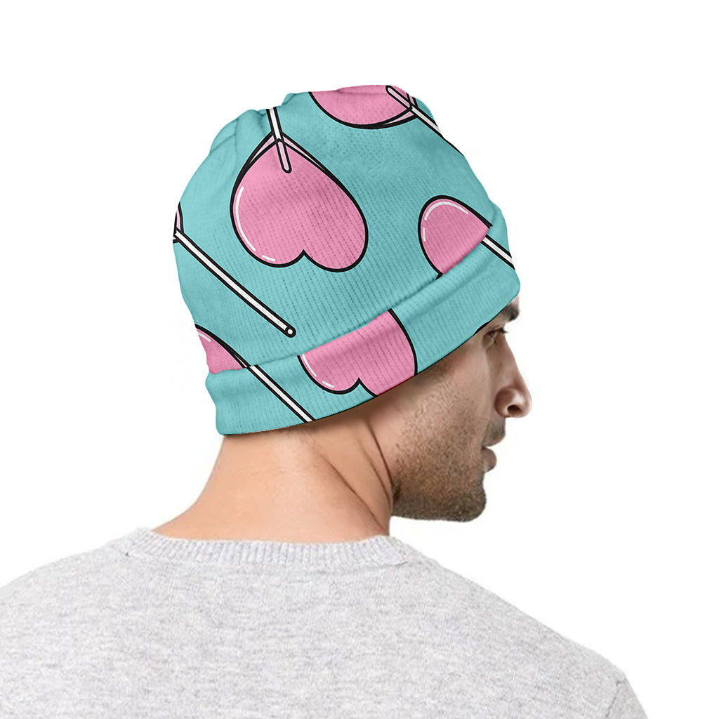 Pink Heart Lollipop Pattern Print Beanie