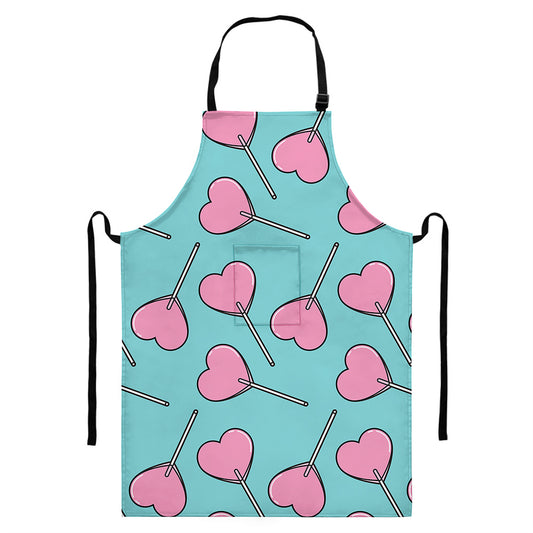 Pink Heart Lollipop Pattern Print Bib Apron With Pocket