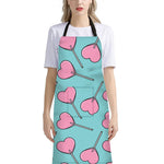 Pink Heart Lollipop Pattern Print Bib Apron With Pocket
