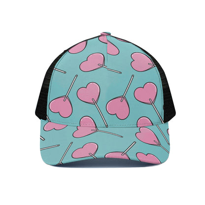 Pink Heart Lollipop Pattern Print Black Mesh Trucker Cap