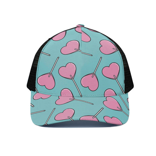 Pink Heart Lollipop Pattern Print Black Mesh Trucker Cap