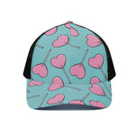 Pink Heart Lollipop Pattern Print Black Mesh Trucker Cap