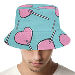 Pink Heart Lollipop Pattern Print Bucket Hat